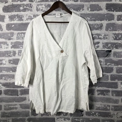 Lo último Top túnica de algodón para mujer 2X blanco lino algodón botón bordado cuello en V EE. UU. Foto 1 de 4