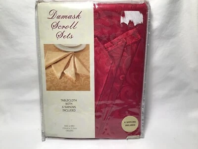 Damask Scroll Tablecloth, Oblong 60"x84" 6 Napkins,Red-Ornate Patterns Christmas - Image 1 of 4
