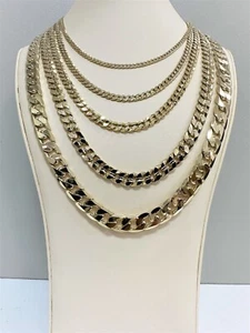 14K Yellow Gold Plated 4mm-12mm Premium Womens Mens Flat Miami Cuban Link Chain - Picture 1 of 8