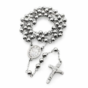 Silver Stainless Steel Rosary Necklace 6mm Beads Jesus Cross Miraculous Center