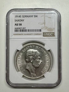 GERMANY SAXONY FREIDRICH AUGUST 1914-E 5 MARK SILVER COIN, NGC CERTIFIED AU58 - Picture 1 of 4