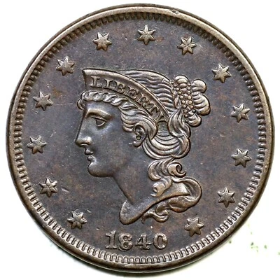 Moeda de centavo grande cabelo trançado 1840/18 N-2 R-2 1c - Imagem 1 de 2