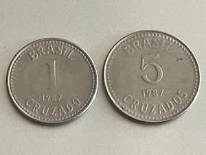 1987 Brazil 1 Cruzado KM# 605 and 5 Cruzados KM# 606 Stainless Steel Coins - Picture 1 of 2