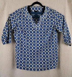 Top Talbots Mujer Plus 1X Azul Blanco Amarillo Cuello Estampado Popover Manga 1/2 - Imagen 1 de 9