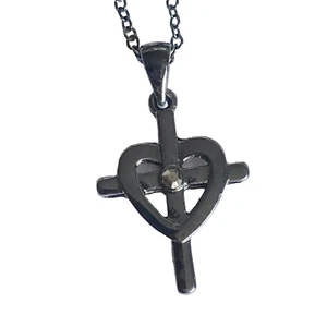 Sacred Heart Cross Necklace 18" Gunmetal Plated Crystal Catholic Christian Gift - Picture 1 of 9