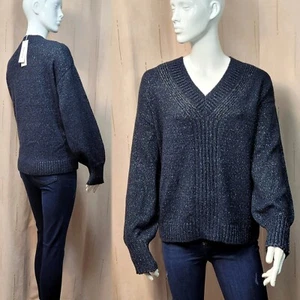 PER UNA Cotton & Wool mix Sparkly V-NECK JUMPER ~ Size L ~ NAVY - Picture 1 of 6