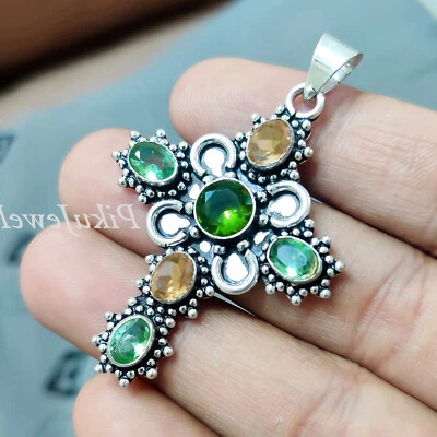 Citrin und Diopsid, Peridot Edelstein 925 Sterling Silber Heilig Kreuz Halske... - Bild 1 von 4