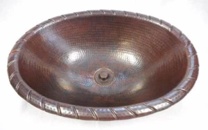 19" Oval Copper Rope Rim Decorative Edge Sink Drop In or Vessel with LT Drain - Picture 1 of 5
