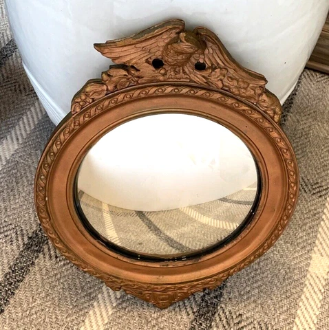 Antique Federal Eagle Convex Round Mirror Gesso Frame Copper Color Patriotic Cover