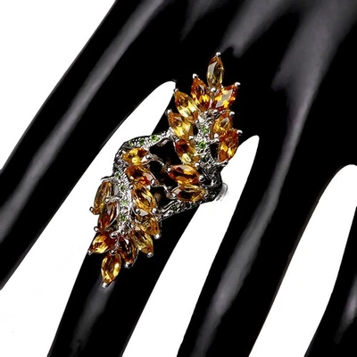 925 Sterling Silver Ring Marquise Citrine 6x3mm Chrome Diopside Gemstone Size 8 - Image 1 of 4