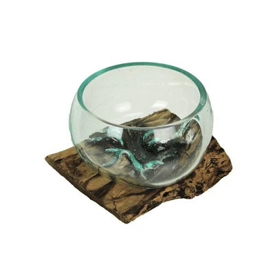 Jarrón y cuenco escultórico de vidrio fundido de ancho medio sobre madera a la deriva de teca Foto 1 de 4