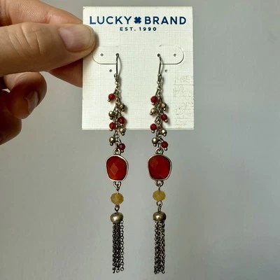 NUEVO Pendientes Piedras Rojo Naranja Tono Dorado Borla Cuentas Marca Lucky Foto 1 de 4