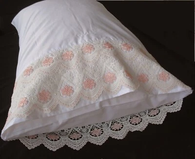 New White Cotton Sateen Embroidered Lace PillowCases  Standard Queen King Pr. S1 - Image 1 of 4