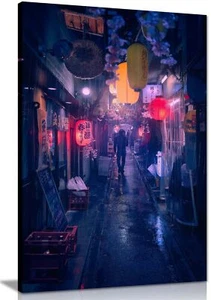 Tokyo Blue Alley Lights Framed Canvas Print Wall Art Home Decor - Picture 1 of 6