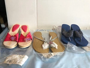 LOT of 3 SMALL 5/6 Womens Sandals Wedge Flip Flops Sandals (2 NEW, 1 USED) #SHS1 - Picture 1 of 13