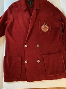 Lauren Ralph Lauren Red Ribbed Corduroy Knit Blazer Cardigan Rugby Patch Sz M - Picture 1 of 12