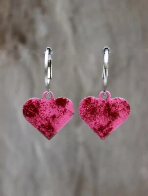 Cuore Orecchini Pendenti Valentinstag Freddo Smaltato Fucsia Rosso Acciaio #L100 - Immagine 1 di 4