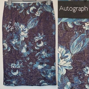 Autograph Womens Blue Floral Skirt Glitter Midi Pencil Skirt Size 12 - Picture 1 of 7