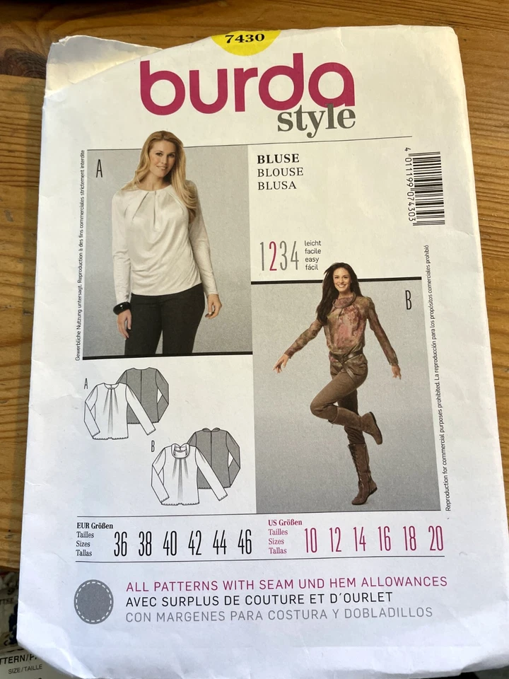 Burda 7430 sewing pattern for blouse with pleated neckline & long sleeves 10-20 - Image 1 of 1