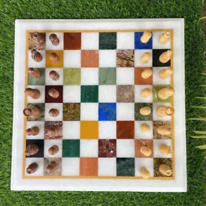 Tablero de ajedrez clásico de mármol blanco de 12" para sala de juegos y área de vida - Imagen 1 de 7