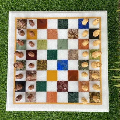 12" White Marble Classic Chess Board For Gaming Room & Living Area Decors Tables - Image 1 of 4