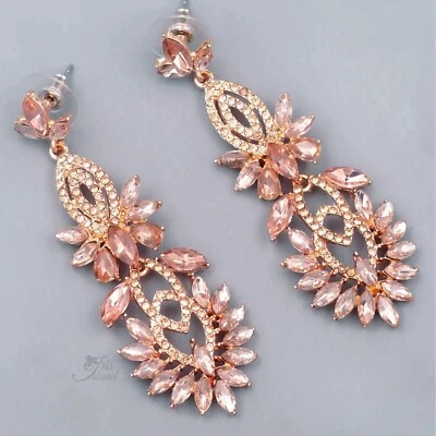 Elegant Champagne Pink Crystal Dangle Earrings Rose Gold Statement Chandelier 59 - Image 1 of 4