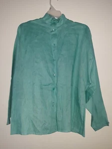 Calvin Klein Linen Blouse Top Shirt Button Down Large -Green Dolman Sleeves - Picture 1 of 4