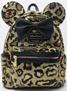 Disney Parks Loungefly Animal Kingdom Minnie Leopard Gold Sequin Backpack NEW - Picture 1 of 2