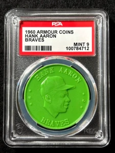 1960 Armour Coin Hank Aaron Milwaukee Braves PSA 9 MINT Low Pop Green variation - Picture 1 of 6