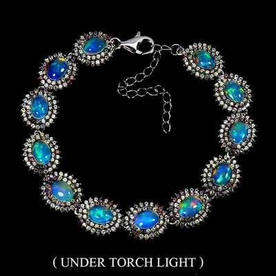 Bracciale in argento sterling 925 opale di fuoco ovale 7x5 mm zaffiro gemma... - Immagine 1 di 4