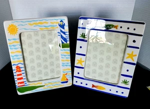 Handpainted set of 2 Ceramic Picture Frames w/ Fish & Lighthouse Tropical Ocean - Picture 1 of 12