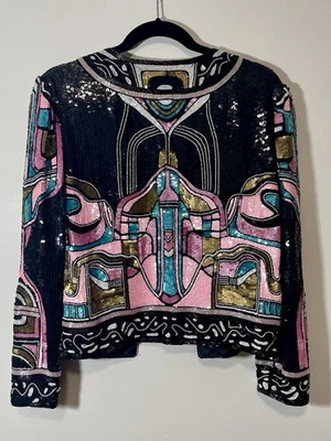 Chaqueta de seda vintage de los años 90 SCALA colorida lentejuelas con cuentas usada en excelente estado retro cóctel fiesta Foto 1 de 4