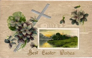 Vintage Easter Postcard with Silver Cross Floral Embossing 1908 - Picture 1 of 2