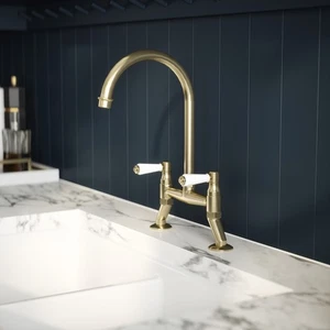 Astini Provencale Brushed Brass Twin Lever Kitchen Sink Bridge Mixer Tap - Picture 1 of 8
