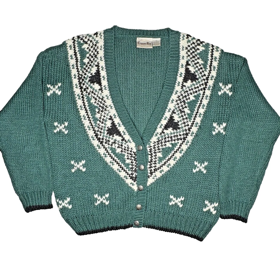 Vintage Copper Key Sweater Womens Large Green Cardigan Fair Isle Button 90s - Image 1 of 4