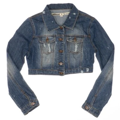 Chaqueta vaquera Dollhouse M recortada azul jean desgastado salpicaduras para mujer Foto 1 de 4