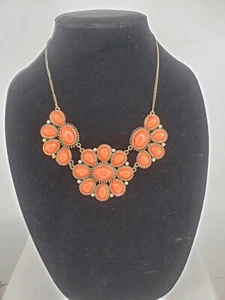 Red/Orange Floral "Coral Style" Bronze Tone Rhinestones Statement Necklace 21" - Picture 1 of 4