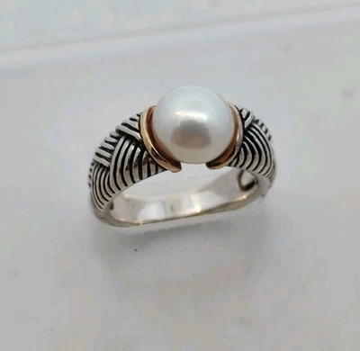 Anillo de diseño de plata de ley y perlas de oro de 14K talla 7 Foto 1 de 4