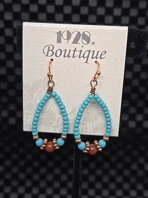 1928 Boutique Brand Earrings New on Card Copper Blue Stone Accents Retro Style  - Image 1 of 4