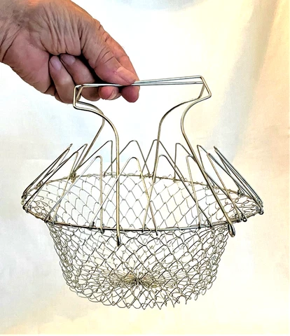 Vintage French Wire Egg Basket Galvanized Collapsible Farmhouse 2 Handles Cover