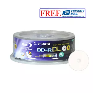 25 Pack Ridata Blu-ray BD-R DL Dual Layer 6X 50GB White Inkjet Printable Disc - Picture 1 of 3