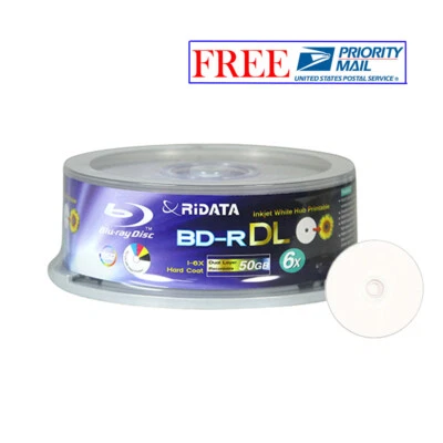 25 Pack Ridata Blu-ray BD-R DL Dual Layer 6X 50GB White Inkjet Printable Disc - Image 1 of 3