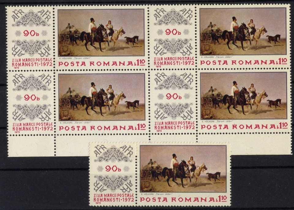 Día del sello RUMANIA 1972, CARRO POSTAL MNH, OG bloques 4+ 1 sello V Foto 1 de 1