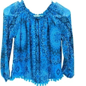 Chaser Top Seide blau Boho Tribal 70er Bommeln Bauernfest Gr. S Neu mit Etikett - Bild 1 von 6