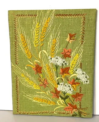 VTG MCM Floral Embroidered Crewel Linen Burlap Needpoint 12x10 Orange - Image 1 of 4