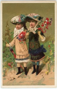 Carta commerciale vittoriana due ragazze fiori che camminano senza marchio "collezione Mastai" - Foto 1 di 2