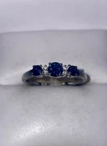 ESTATE Solid 14K White Gold Round-Cut Natural Sapphire Diamond Ring Size 7 - Picture 1 of 8