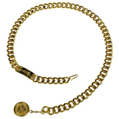 Cinto de corrente vintage CHANEL folheado a ouro couro preto logotipo CC 85cm - Imagem 1 de 4