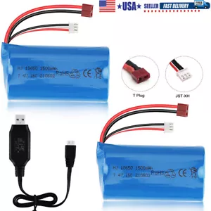 2Pcs 2S 1500mAh 7.4V Li-ion Battery Deans T Plug Charger For WLtoys 4WD RC Car - Picture 1 of 8