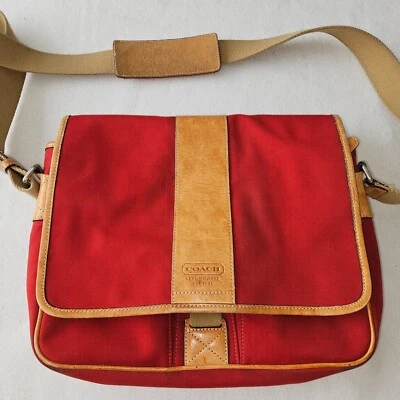 Authentic Coach Red Canvas Stripe Messenger - Large Handbag - Image 1 of 4
